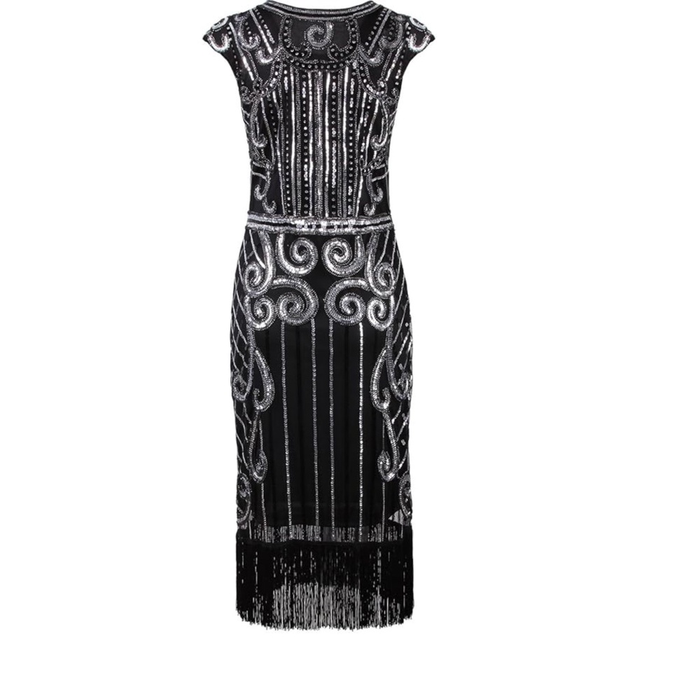 Vintage Style Gatsby Flapper Midi Dress in Black with Silver Sequins Size XS